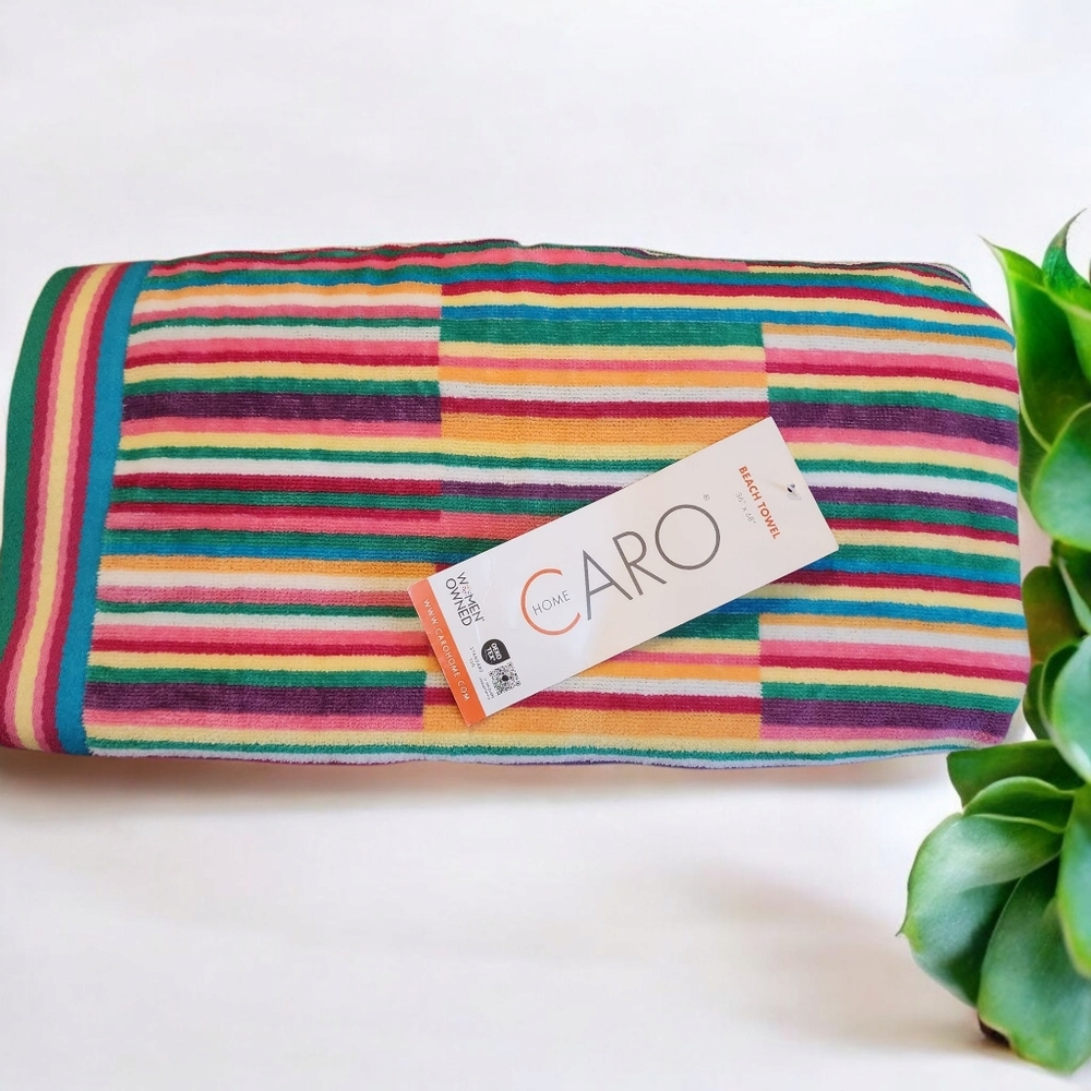 CARO Home Beach Colorful Towel 36"x 68" Striped Multicolored Brite NWOT Cotton